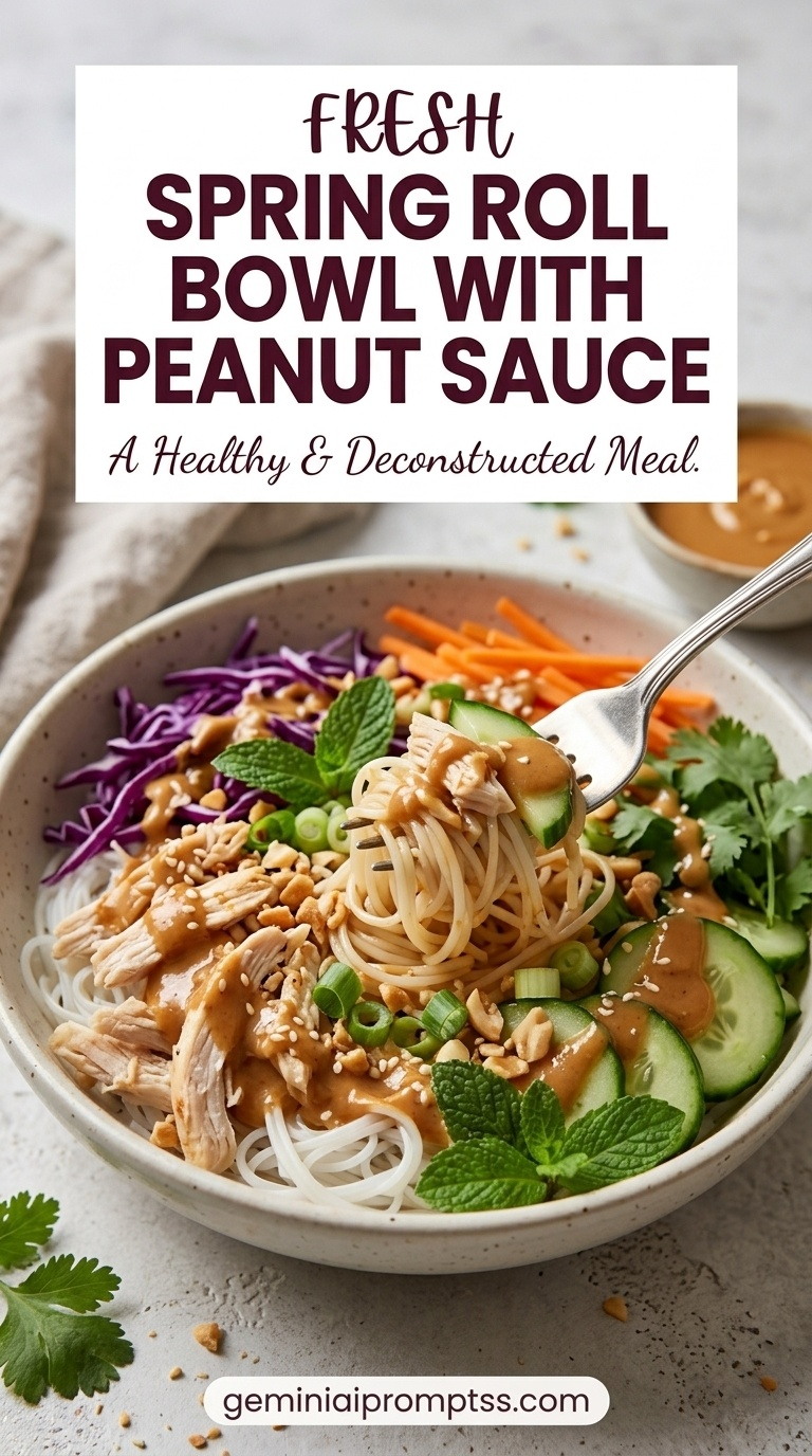 Spring Roll Bowl with Peanut Sauce showing chicken, rice noodles, cucumber, carrots, red cabbage, herbs, peanuts, and peanut sauce