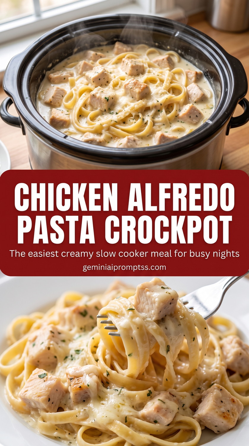 slow-cooker chicken Alfredo pasta with slow-cooked chicken, pasta, and a creamy Parmesan sauce