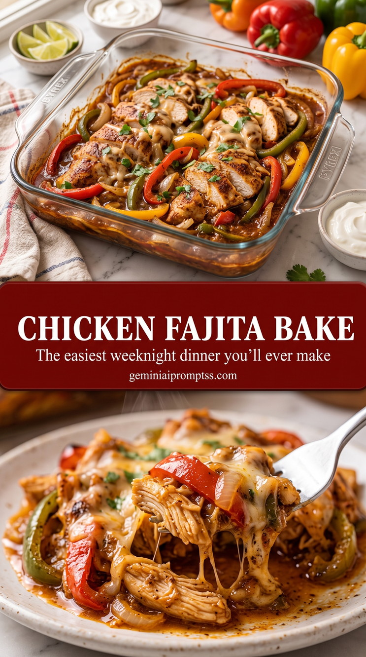 Chicken Fajita Bake with browned chicken or steak with red and green peppers, onions, and a bright fresh finish
