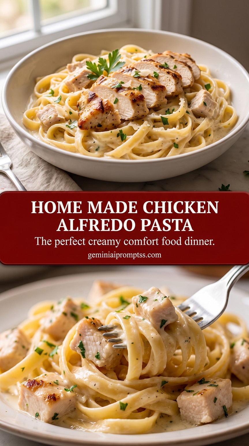 Home made chicken alfredo pasta showing creamy chicken Alfredo pasta with a glossy Parmesan sauce