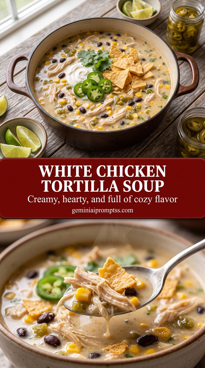 White Chicken Tortilla Soup with White Beans finished dish with pale creamy soup with chicken, white beans, corn, and tortilla strips