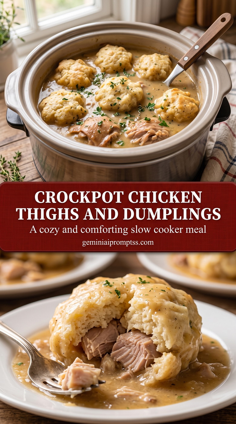crockpot chicken thighs and dumplings with a crockpot chicken thigh and dumplings dish with tender chicken thigh meat, creamy broth, herbs, and drop dumplings
