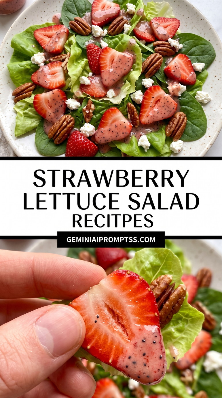 Strawberry Lettuce Salad Recipes showing lettuce and spinach with many strawberry slices, pecans and crumbled white cheese