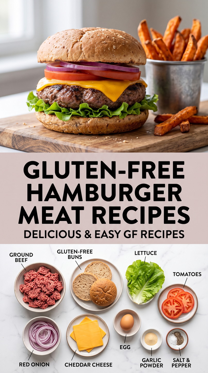 Gluten-free Hamburger Meat Recipes with gluten-free burgers with cheddar, lettuce, tomato, red onion, and gluten-free buns