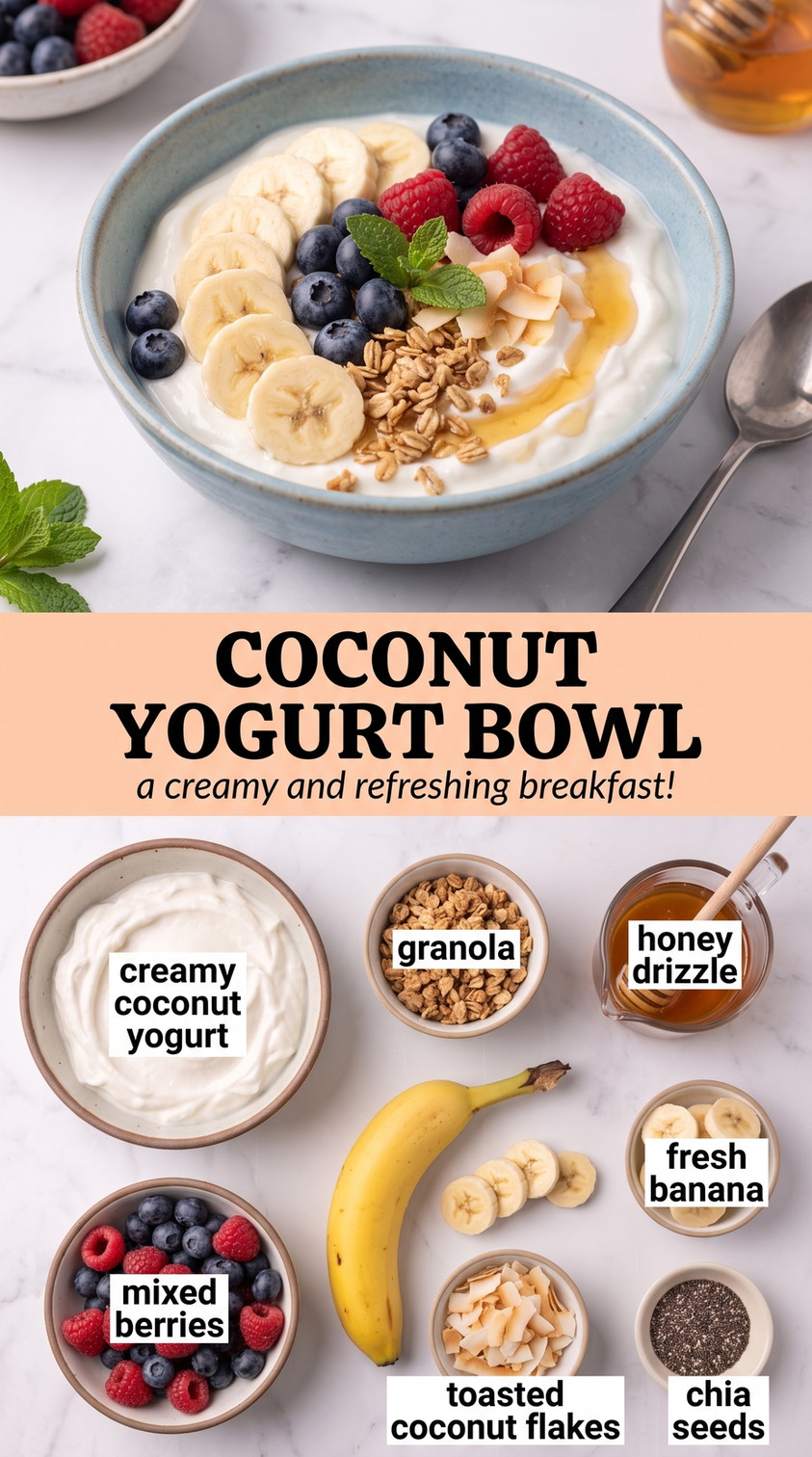 Coconut Yogurt Bowl showing coconut yogurt with banana, berries, granola, toasted coconut, maple, and chia
