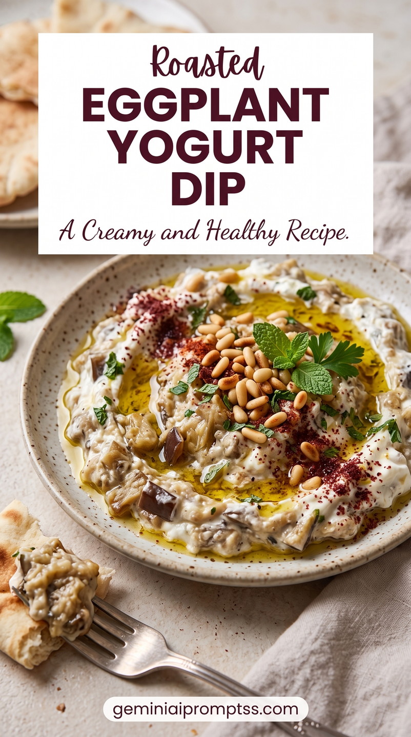 Roasted Eggplant Yogurt Dip showing roasted eggplant yogurt dip with oil, pine nuts, herbs, and warm red spice