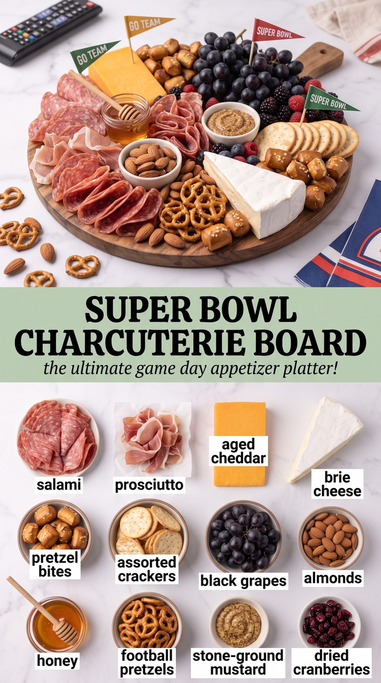 Super Bowl Charcuterie Board with a game-day charcuterie board with salami, prosciutto, cheddar, Brie, grapes, almonds, crackers, pretzels, honey, mustard, and cranberries
