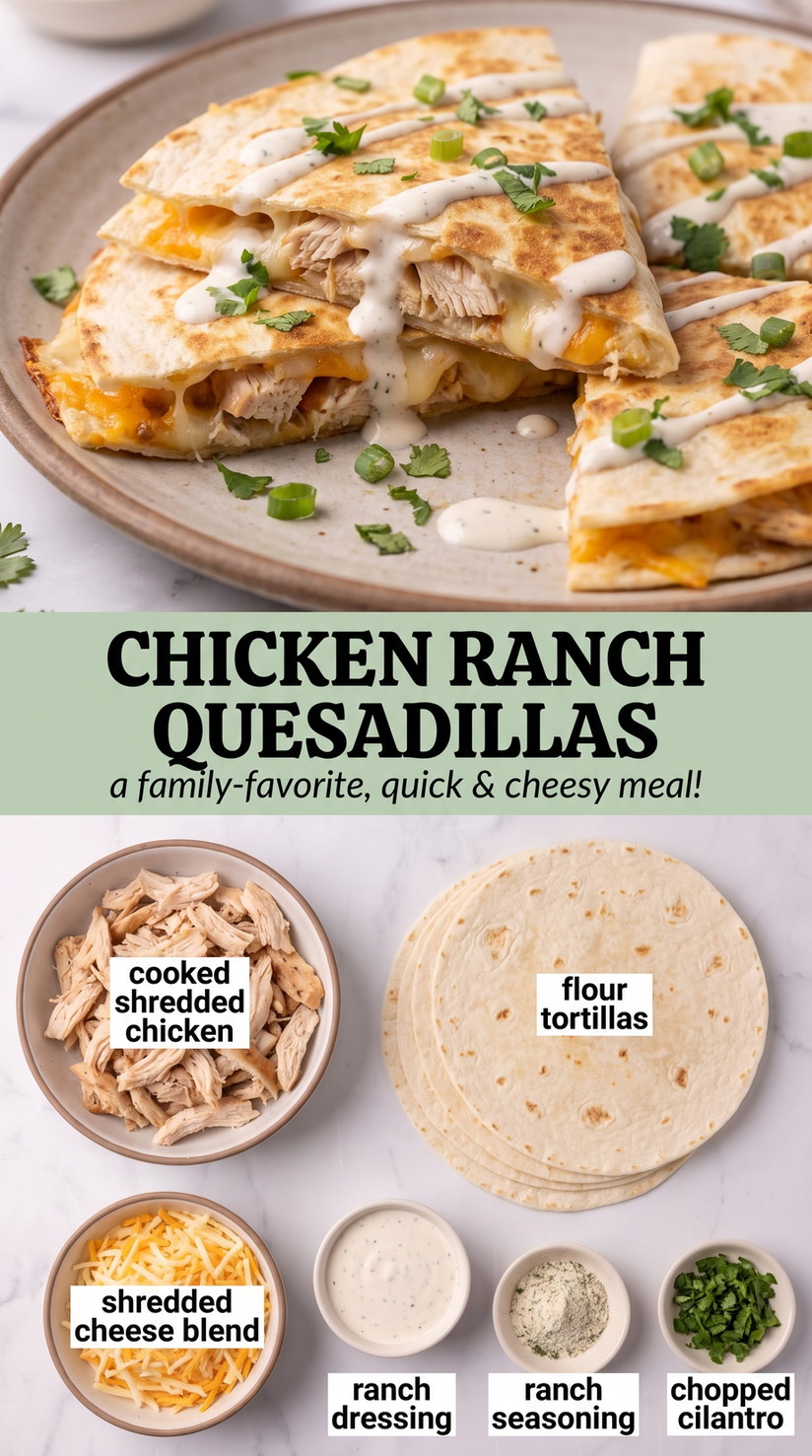 Chicken Ranch Quesadillas - golden crisp quesadilla wedges with melted cheese and a savory filling