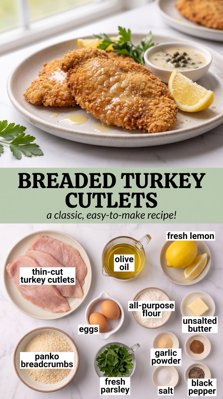 Breaded Turkey Cutlets with Parmesan Crumbs prepared as a finished breaded turkey cutlet recipe recipe with browned cutlets ready to serve