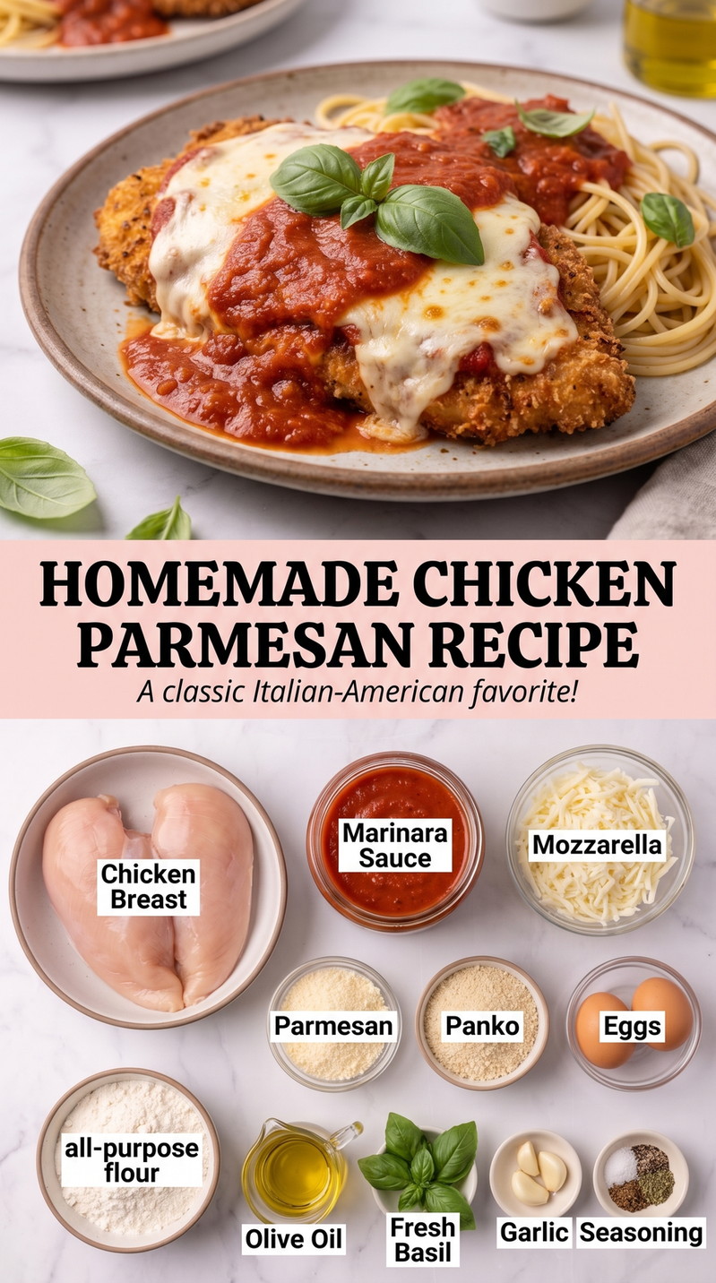 Homemade chicken parmesan recipe showing golden breaded chicken topped with marinara, melted cheese, and herbs