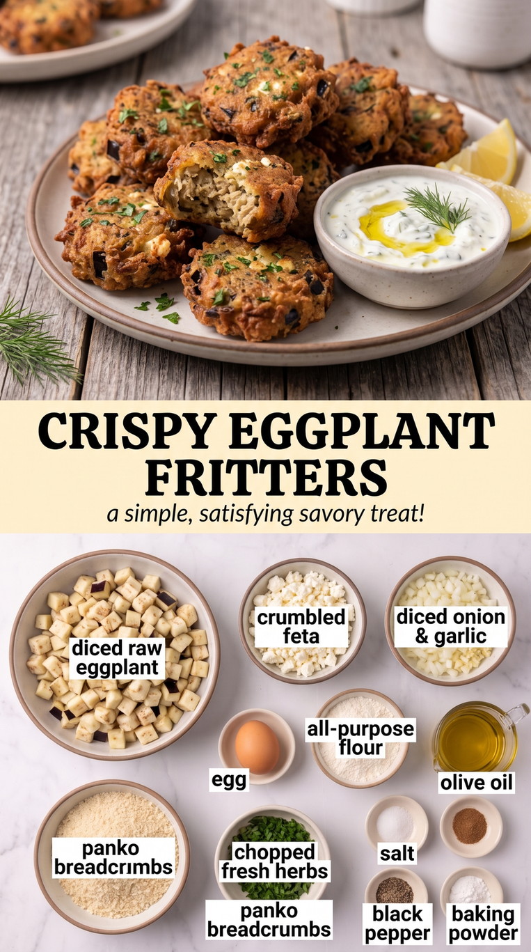 Eggplant Fritters Recipe showing crisp eggplant fritters with feta, herbs and a cool lemony yogurt dip