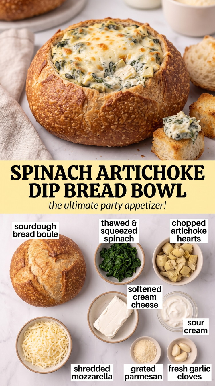Spinach artichoke dip bread bowl finished dish made with sourdough bread boule, thawed and squeezed spinach, and chopped artichoke hearts