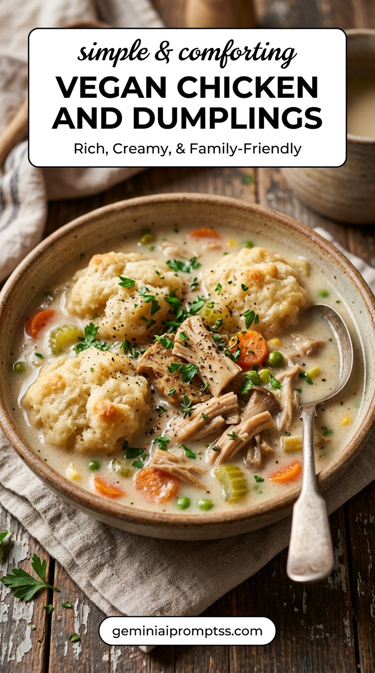 Vegan Chicken and Dumplings showing vegan chicken-style pieces, carrots, peas, celery, and fluffy herb dumplings in a creamy plant-based stew