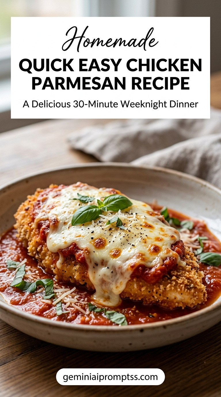 Quick Easy Chicken Parmesan Recipe finished dish with marinara sauce, melted cheese