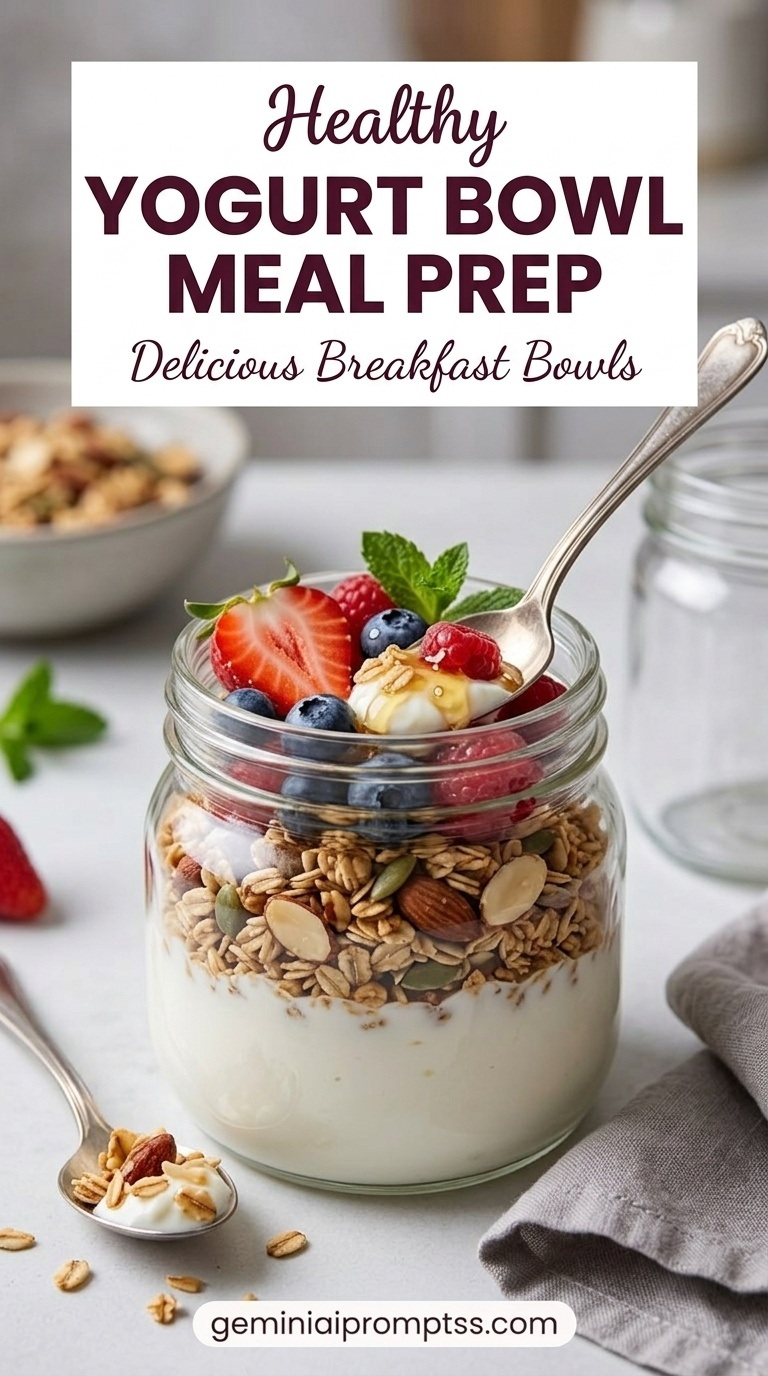 Yogurt Bowl Meal Prep showing meal-prep yogurt portions with strawberries, blueberries, granola, almonds, and chia