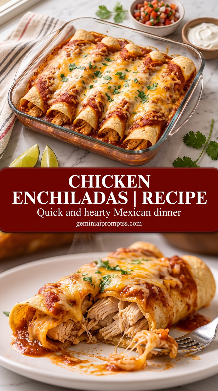 Chicken Enchiladas Recipe with rolled chicken enchiladas with red sauce, melted cheese, and a fresh green finish