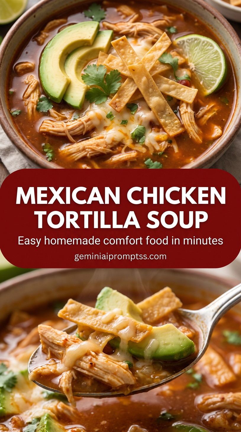 Mexican chicken tortilla soup showing a hearty chicken tortilla soup with colorful toppings and crisp strips