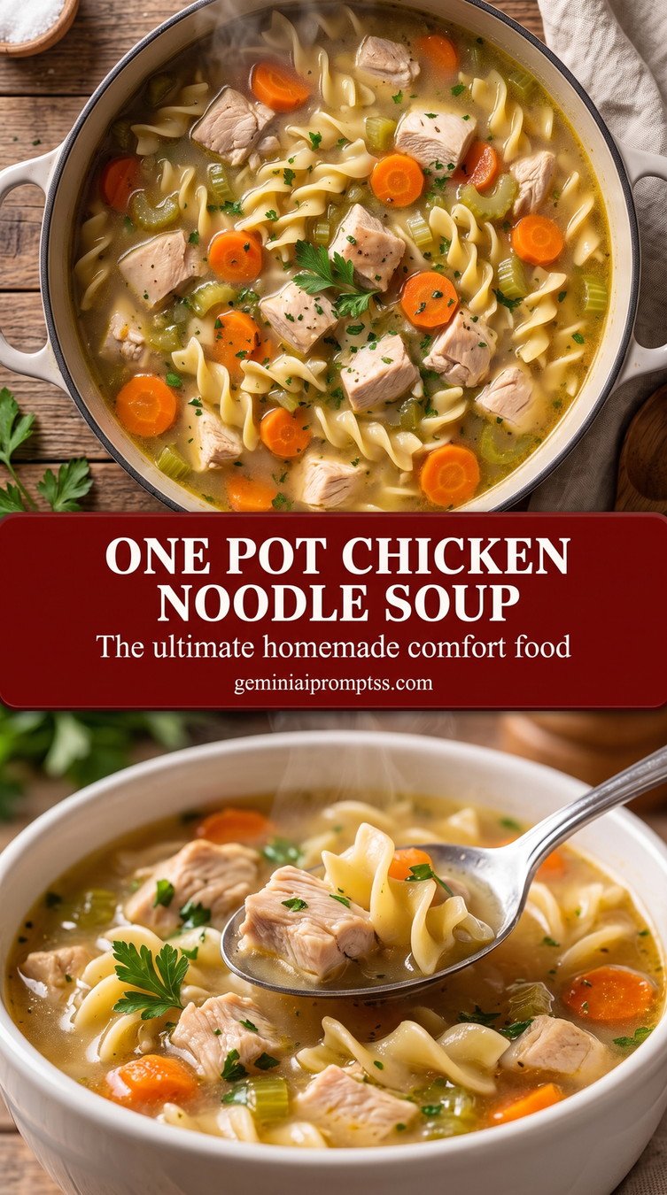 one-pot chicken noodle soup with thyme with carrots, celery, egg noodles, and thyme