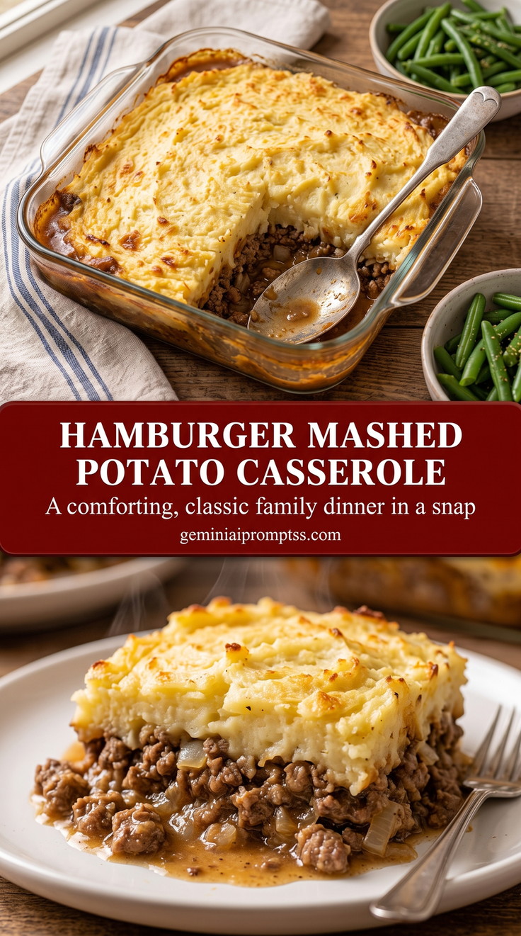 hamburger mashed potato casserole with a shepherd-pie-style hamburger casserole with ground beef and onion under a thick golden mashed potato top
