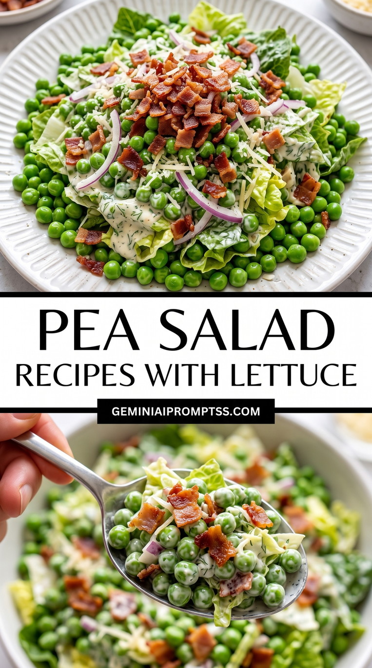 Pea Salad Recipes With Lettuce showing green peas with shredded lettuce, bacon, red onion and creamy dressing