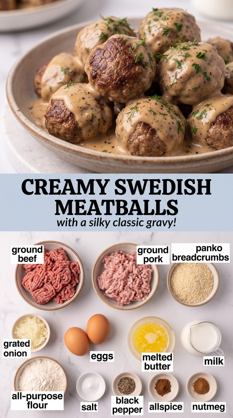 Creamy Swedish meatballs finished dish made with ground beef, ground pork, and panko breadcrumbs