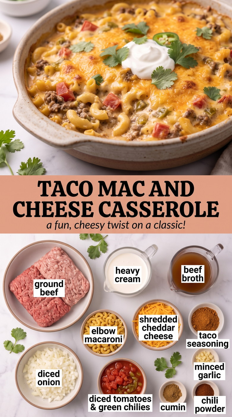 Taco Mac and Cheese Casserole showing taco-seasoned beef macaroni casserole with tomatoes, green chiles, creamy cheddar, and scallions