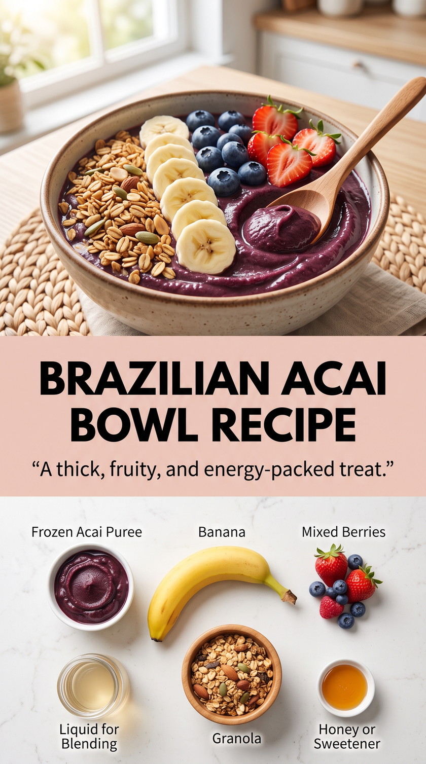 Brazilian Acai Bowl Recipe with classic Brazilian-style acai with banana, mixed berries, granola, and honey