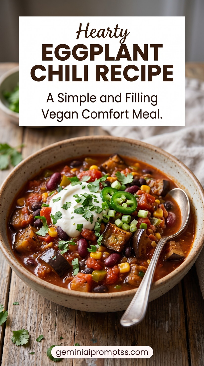 Hearty Vegan Eggplant Bean Chili showing vegan eggplant bean chili with beans, corn, peppers, tomato, jalapeno, herbs, and a creamy topping