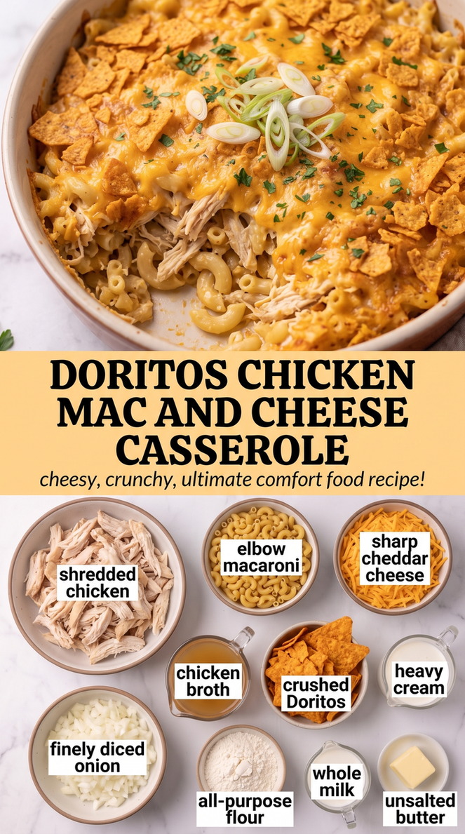 Doritos Chicken Mac and Cheese Casserole with chicken macaroni casserole with cheddar, creamy broth-enriched sauce, onion, and a crunchy Doritos topping