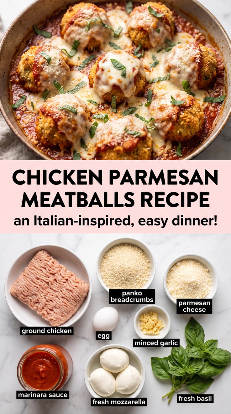 Chicken parmesan meatballs recipe showing golden breaded chicken topped with marinara, melted cheese, and herbs