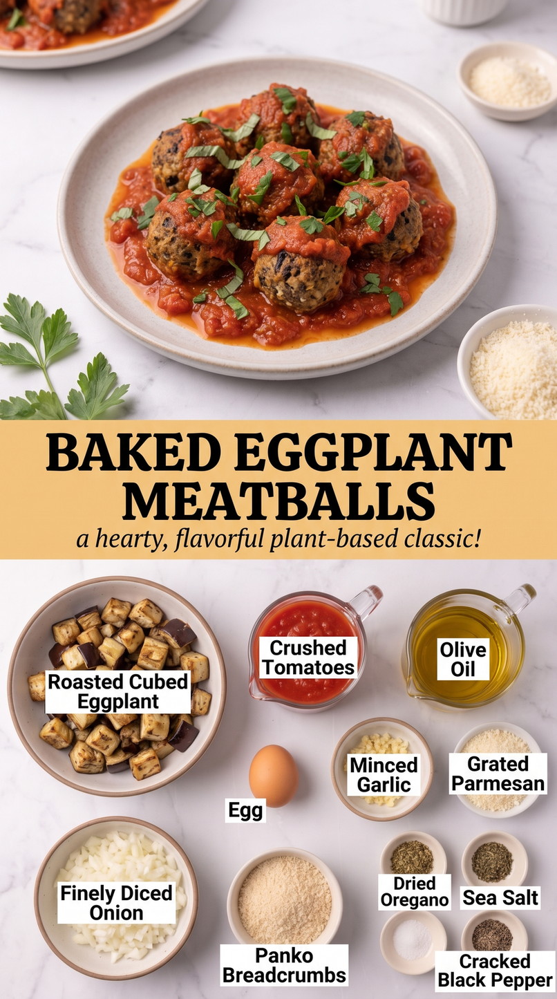 Eggplant Meatballs Recipe showing baked eggplant meatballs in chunky tomato sauce with Parmesan and herbs