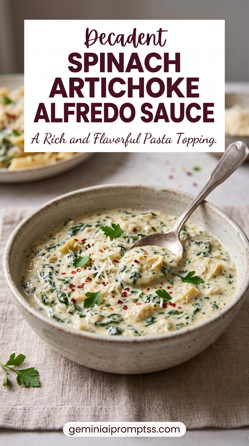 Spinach artichoke Alfredo sauce showing a creamy Parmesan Alfredo sauce with visible spinach, artichoke pieces, parsley, and red pepper flakes