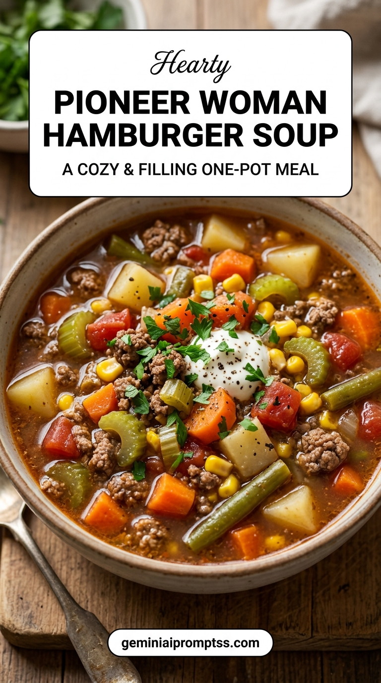 Pioneer Woman Hamburger Soup showing a Pioneer Woman-style hearty hamburger soup with potatoes, carrots, celery, green beans, corn, tomatoes, parsley, and a spoonful of sour cream