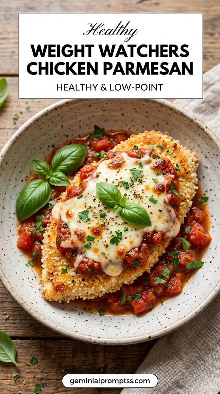 Weight Watchers Chicken Parmesan Recipe finished dish with marinara sauce, melted cheese