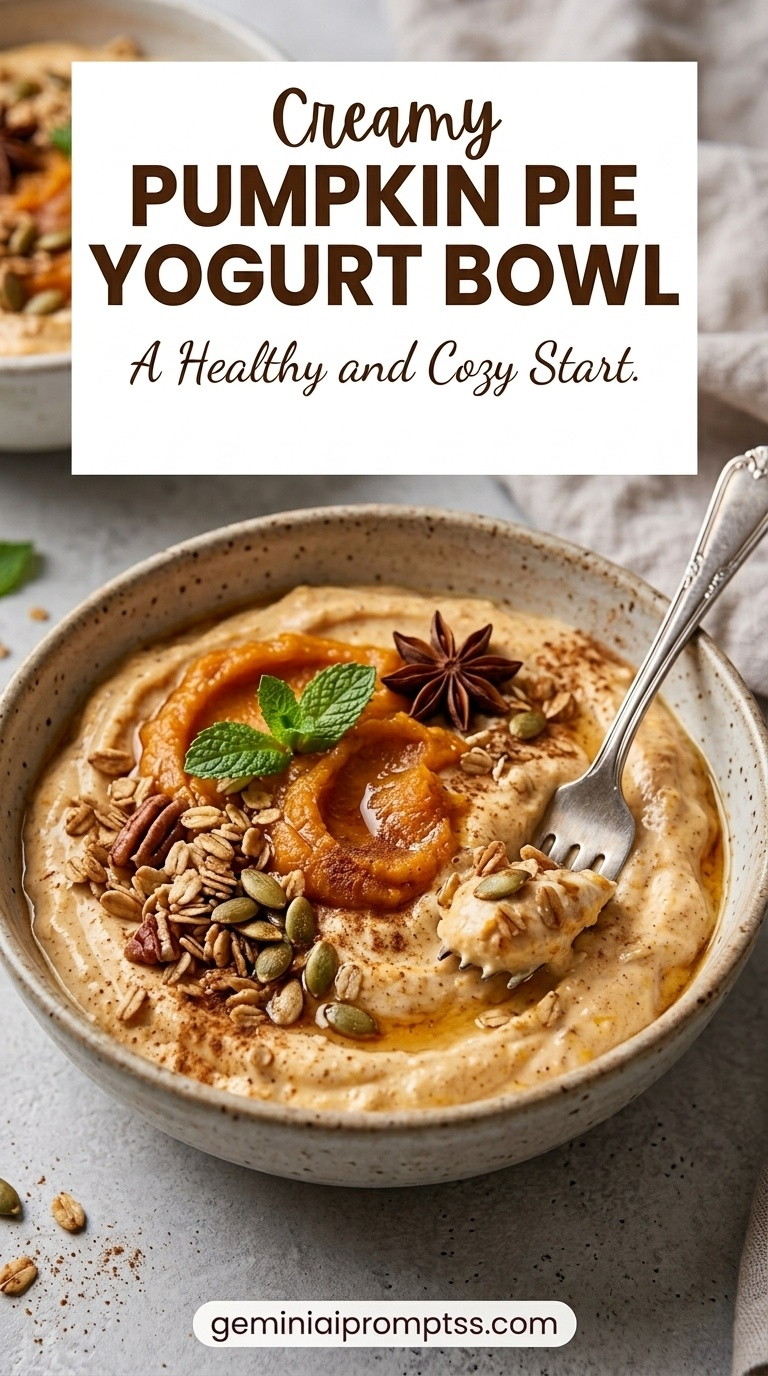 Pumpkin Pie Yogurt Bowl showing pumpkin-spiced Greek yogurt with granola, pecans, pumpkin seeds, honey, and mint