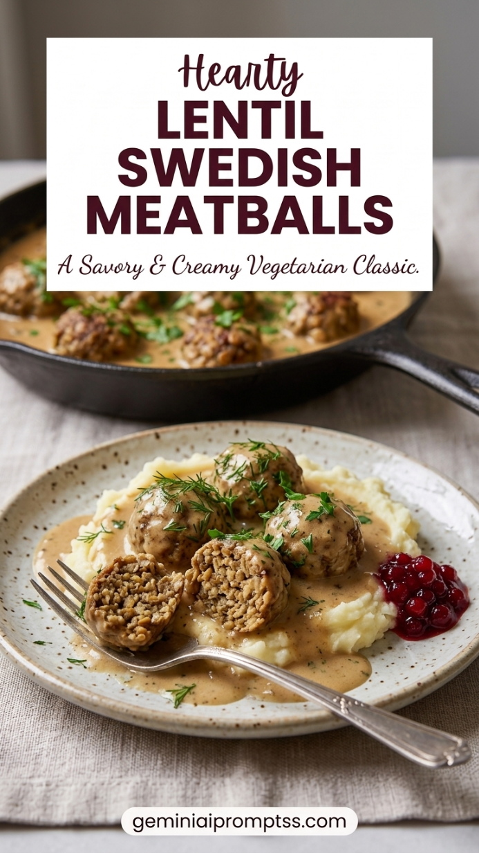 Lentil Swedish meatballs showing lentil-centered vegetarian meatballs with a firm exterior and creamy gravy