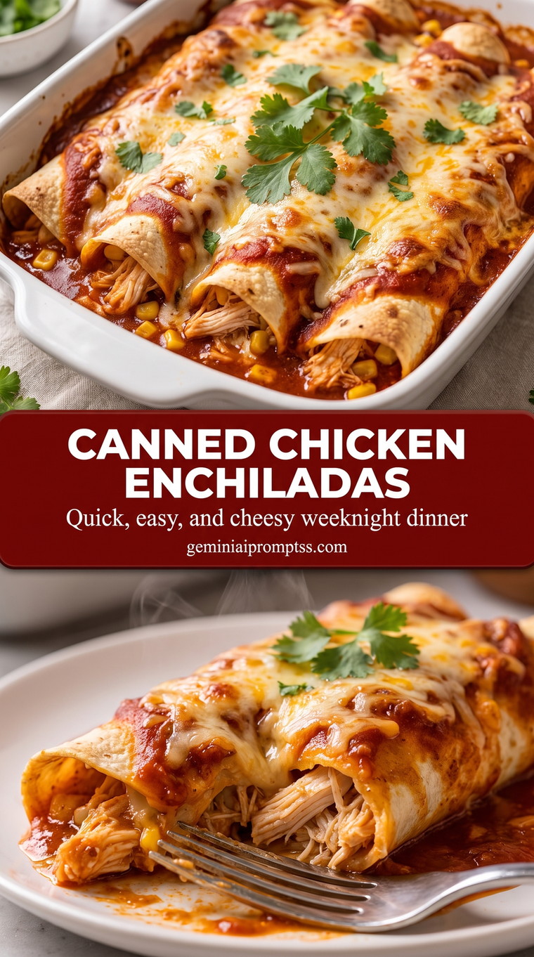 canned chicken enchiladas with red sauce with well-drained canned chicken, red sauce, corn tortillas, and cheese