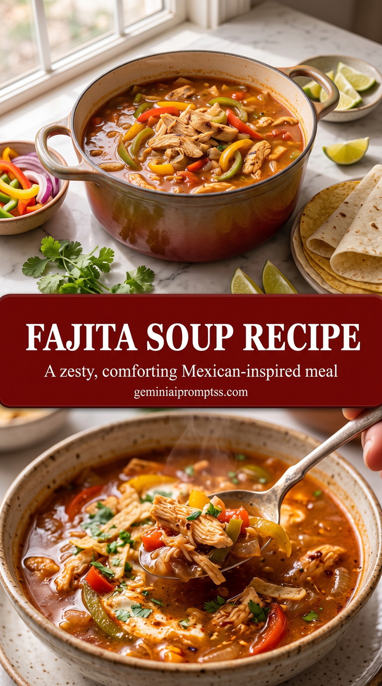 Fajita Soup Recipe with browned chicken or steak with red and green peppers, onions, and a bright fresh finish