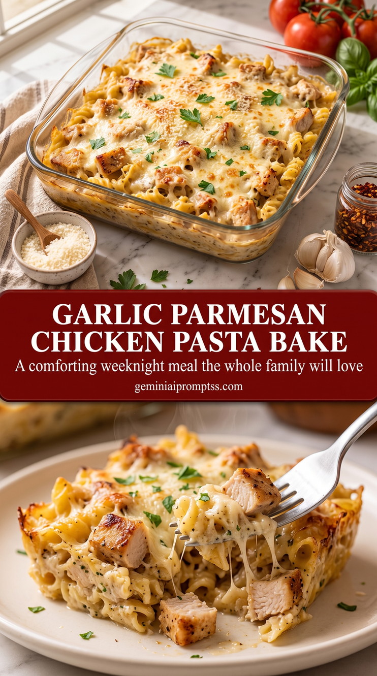 Garlic Parmesan Chicken Pasta Bake finished dish with garlic parmesan chicken pasta bake