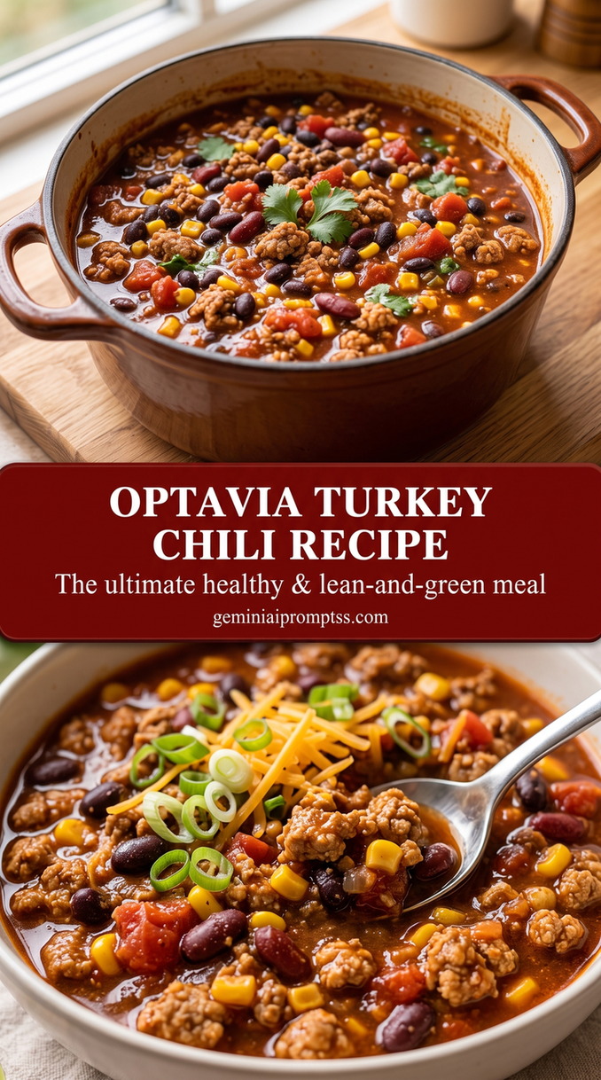 Optavia turkey chili recipe with a lean turkey chili with ground turkey, kidney and black beans, corn, tomato, green onion, and a small amount of cheddar