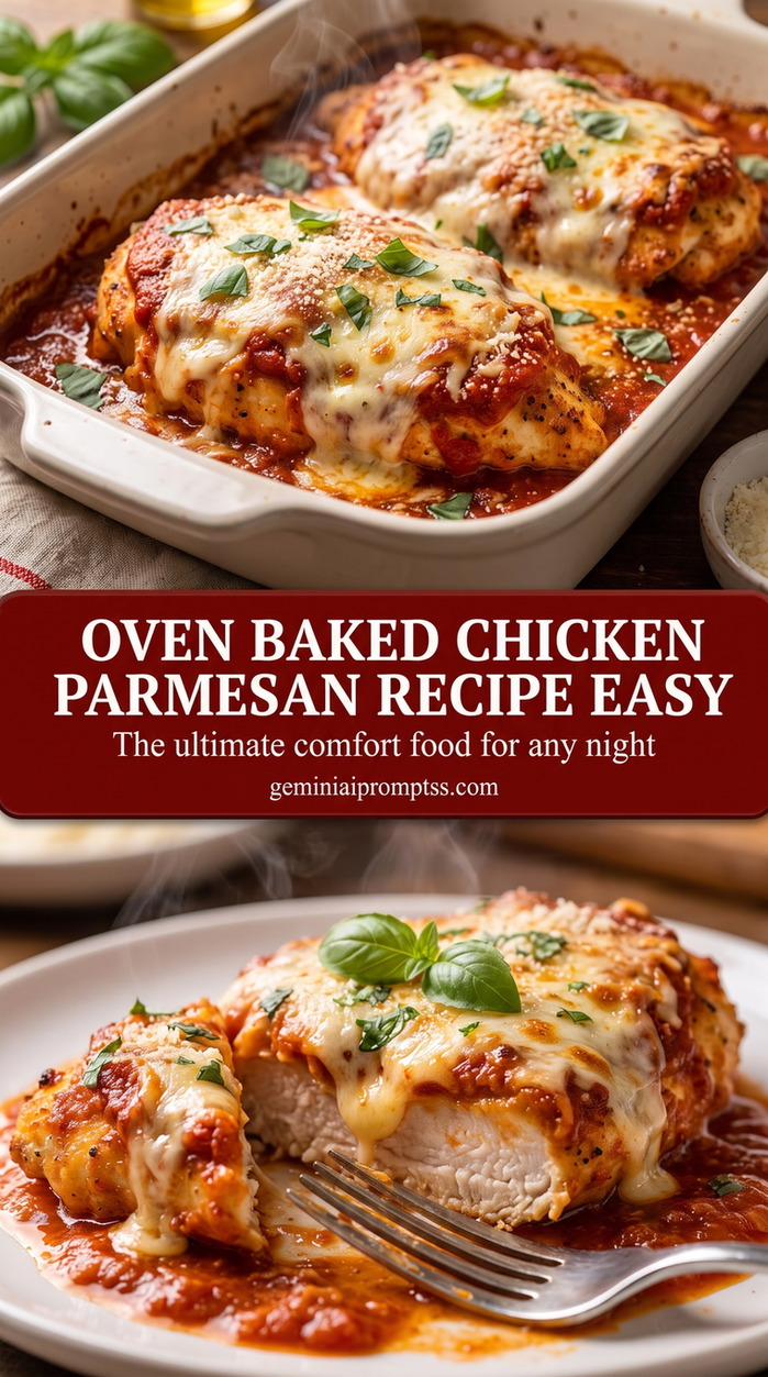 Oven baked chicken parmesan recipe easy showing golden Parmesan-crusted chicken with a crisp browned coating