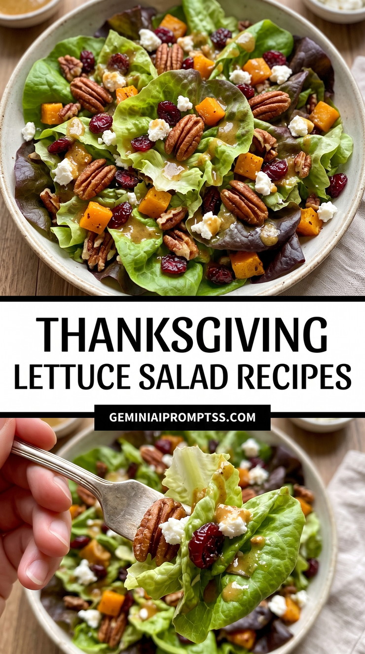 Thanksgiving Lettuce Salad Recipes showing holiday lettuce with roasted orange cubes, dried cranberries, pecans and white cheese