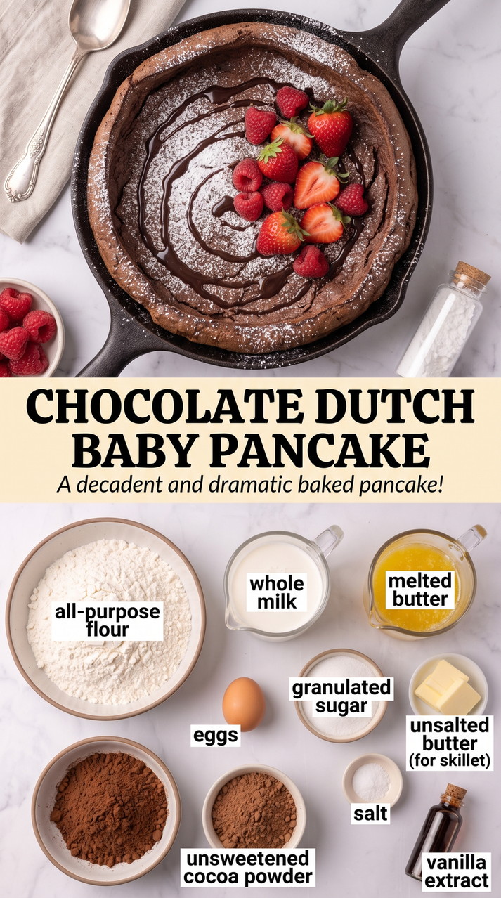 Chocolate Dutch Baby Pancake showing a dark chocolate Dutch baby in a cast-iron skillet topped with berries and powdered sugar