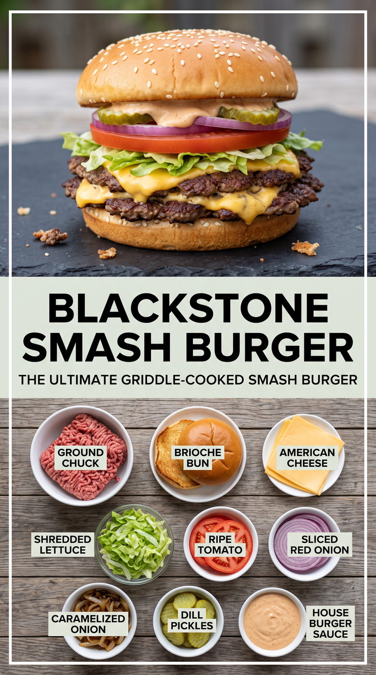 Blackstone Hamburger Meat Recipes with Blackstone smash burgers with American cheese, lettuce, tomato, onion, pickles, and burger sauce