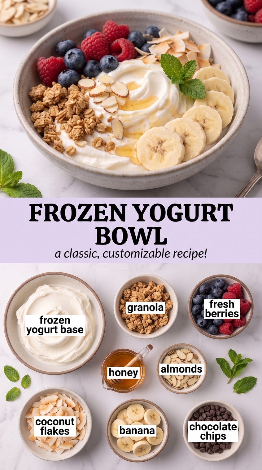 Frozen Yogurt Bowl showing frozen yogurt with berries, banana, granola, almonds, chocolate chips, and coconut