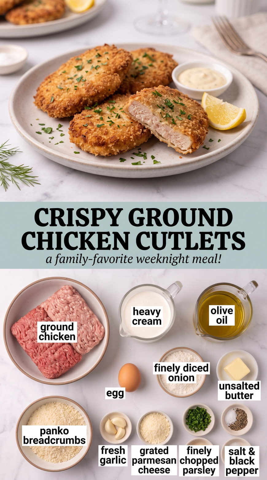 Ground Chicken Cutlets with Herbs and Potato prepared as a finished ground chicken cutlet recipe recipe with browned cutlets ready to serve