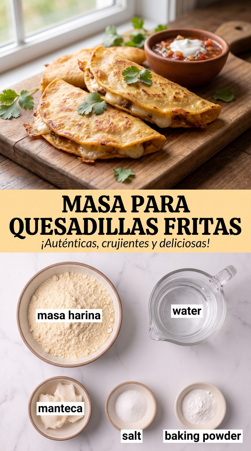 Masa para quesadillas fritas showing golden crisp quesadillas with melted cheese and a savory filling