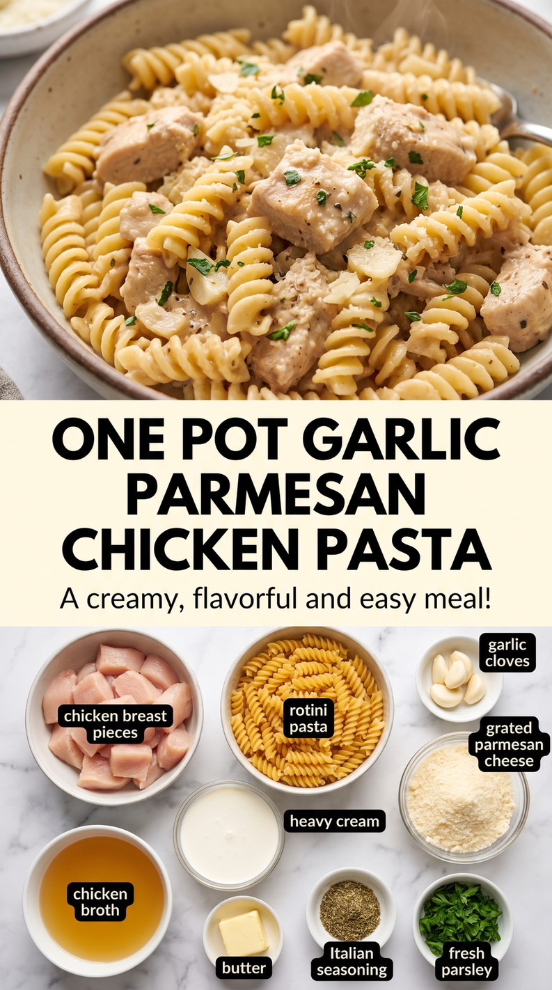 One-Pot Garlic Parmesan Chicken Pasta - creamy chicken pasta coated in garlic Parmesan sauce