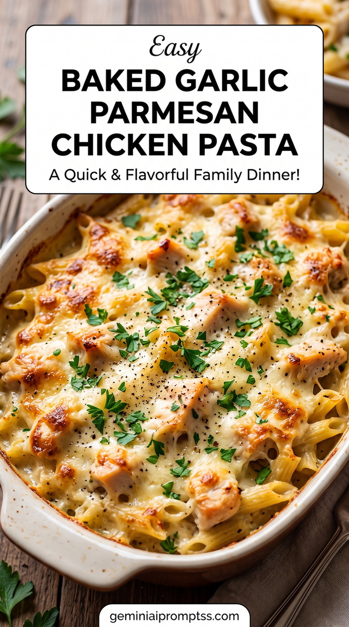 Baked Chicken Alfredo Pasta with creamy sauce, chicken, pasta, Parmesan