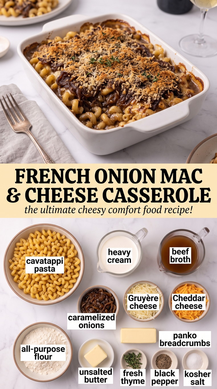 French Onion Mac and Cheese Casserole with French onion cavatappi with beef-broth cream sauce, caramelized onions, Gruyere, cheddar, thyme, and panko